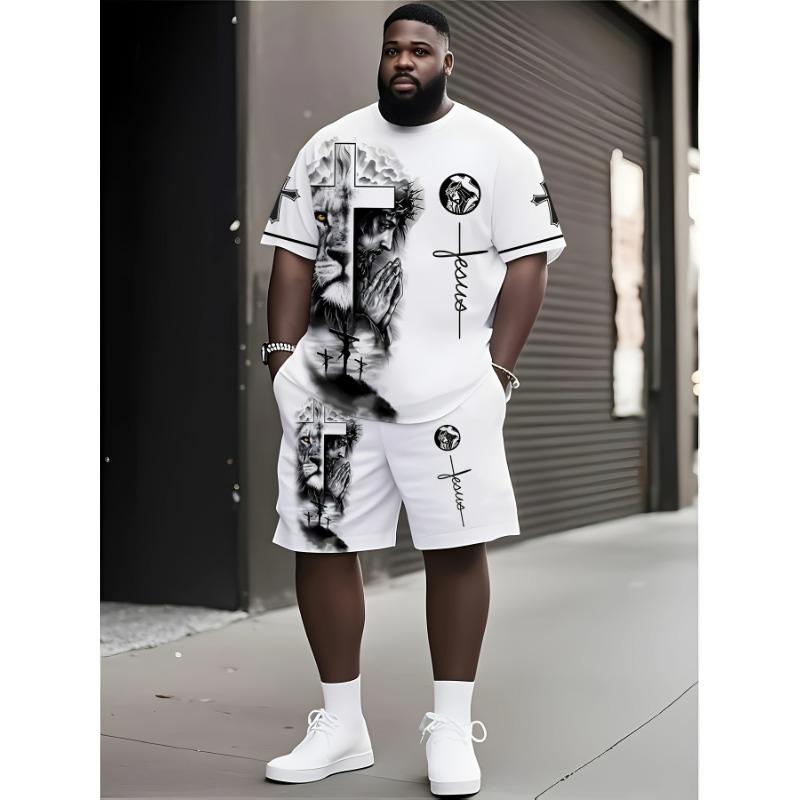 

[Plus Size Beach Shorts] Plus Size Men s 3D Lion Religious Art Short Sleeve Beach Shorts Set - Drawstring Waist, Pocket Design S