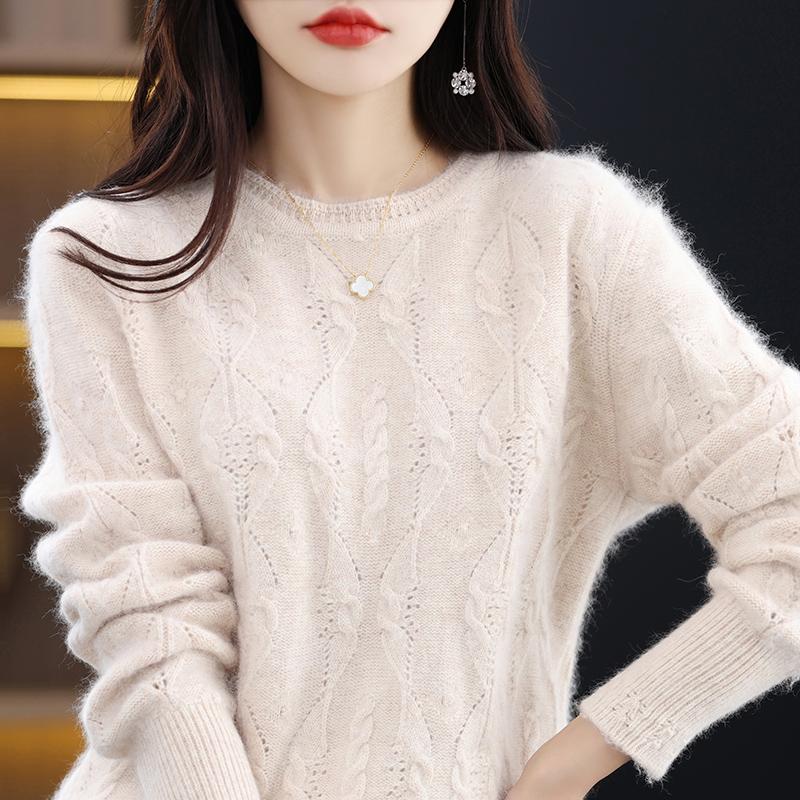 Mink Cashmere Sweater Women's O-neck Pullover Loose Knitted Underlay Autumn/Winter Long Sleeve Fashion Cashmere Top