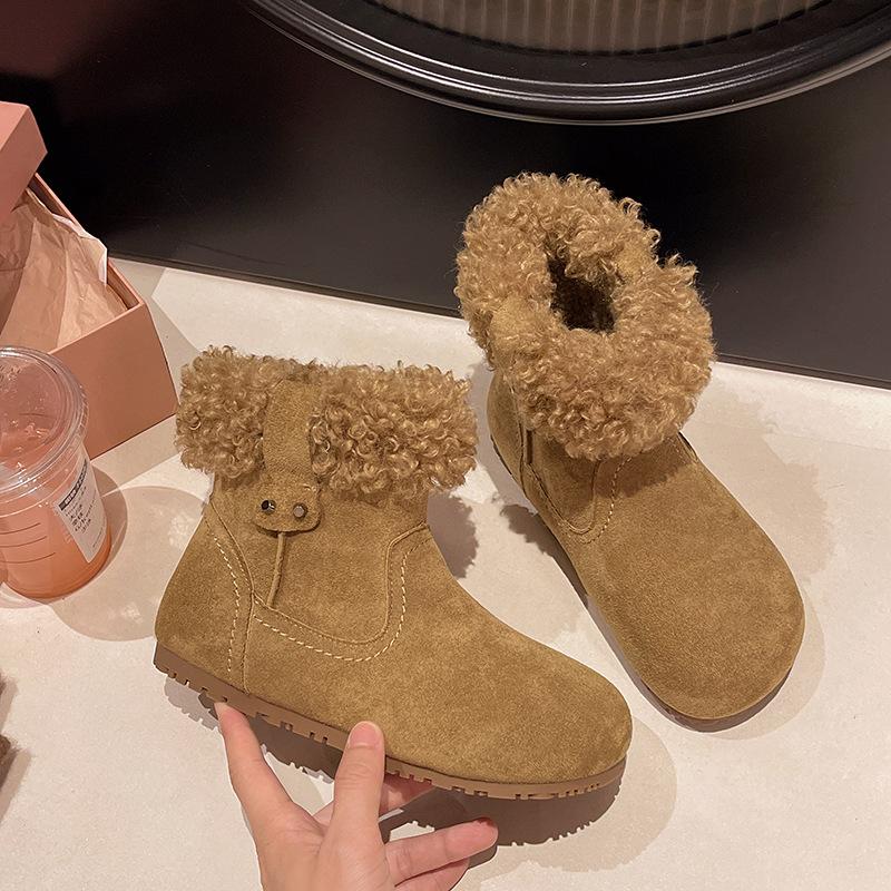 

Frosted soft leather velvet Birkenstocks women s round head fluffy short boots flat cotton shoes warm plush snow boots 40