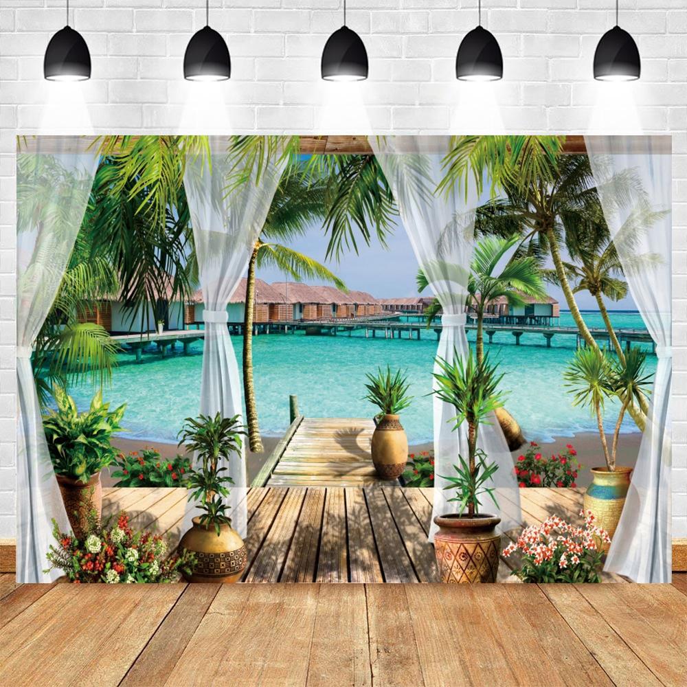 Summer Seaside Tropical Beach Balcony View Backdrop Palm Trees Mountain Wedding Party Portrait Photography Background Photo Prop