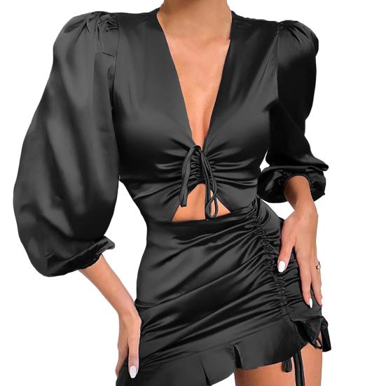 Short Dress Deep V-neck Dressing Up Anti-pilling Stylish Waist Hollow Out Ruched Skinny Dress Streetwear