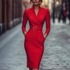 Spring Autumn Stand Collar Elegant Fashion Belt Bodycon Evening Dress Women Long Sleeve Waist Robe Vestidos