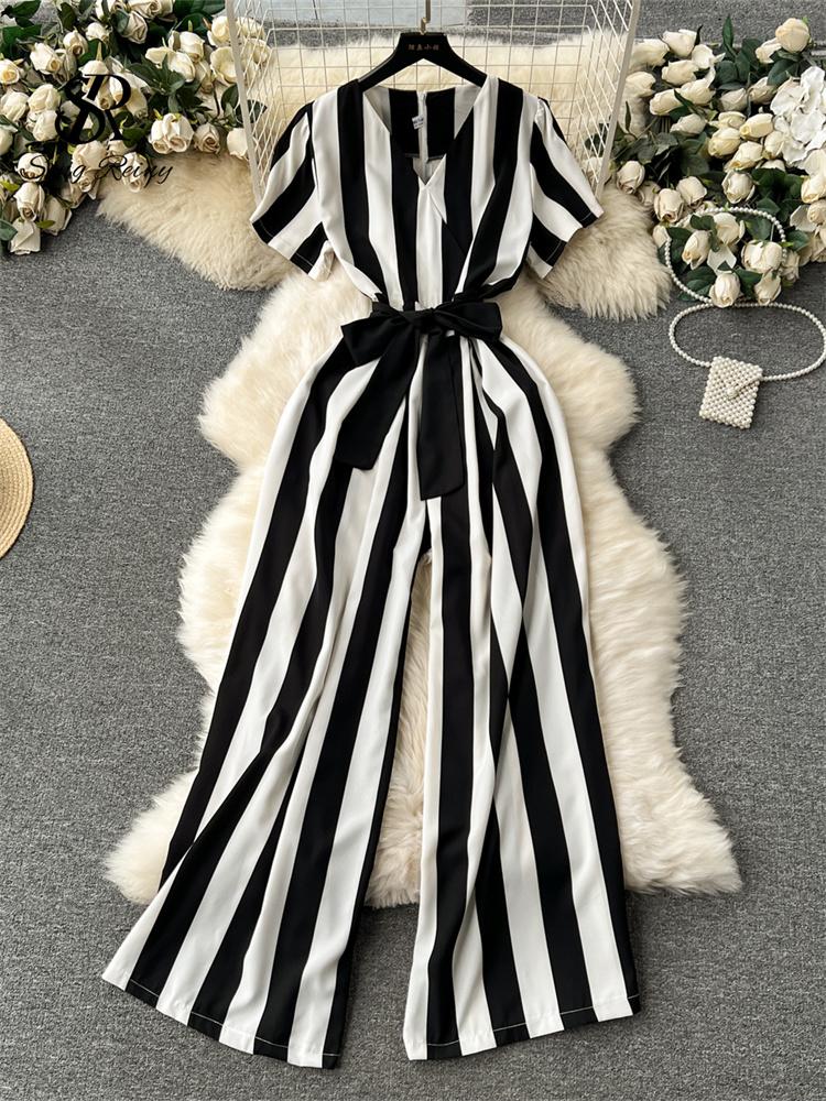 Women Jumpsuits Fashion V Neck Lace Up Loose Wide Legs Pants  New Design OL Color Block Stripe Bodysuits
