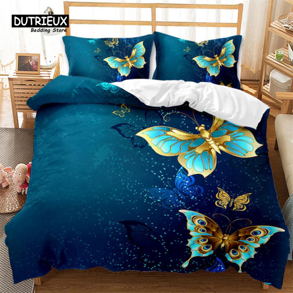 Comforter Golden Butterfly And Floral Bedding Set Queen Print Black For Kids Girls Boys Adults Bedroom Decor