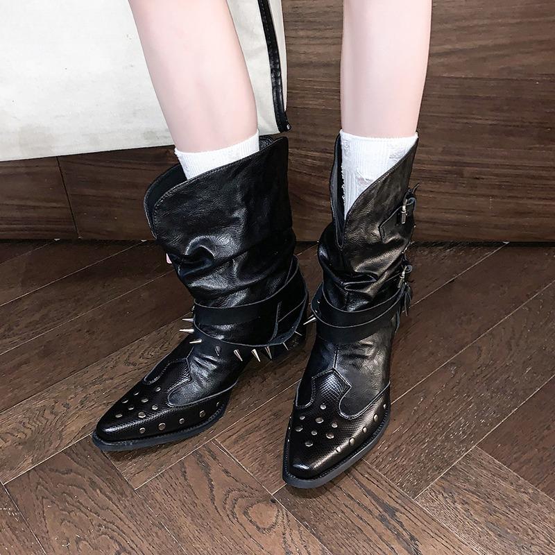 Mode Damen 2025 Sommer Britische Eckige Zehenpartie Nieten Mid-Tube Stiefel