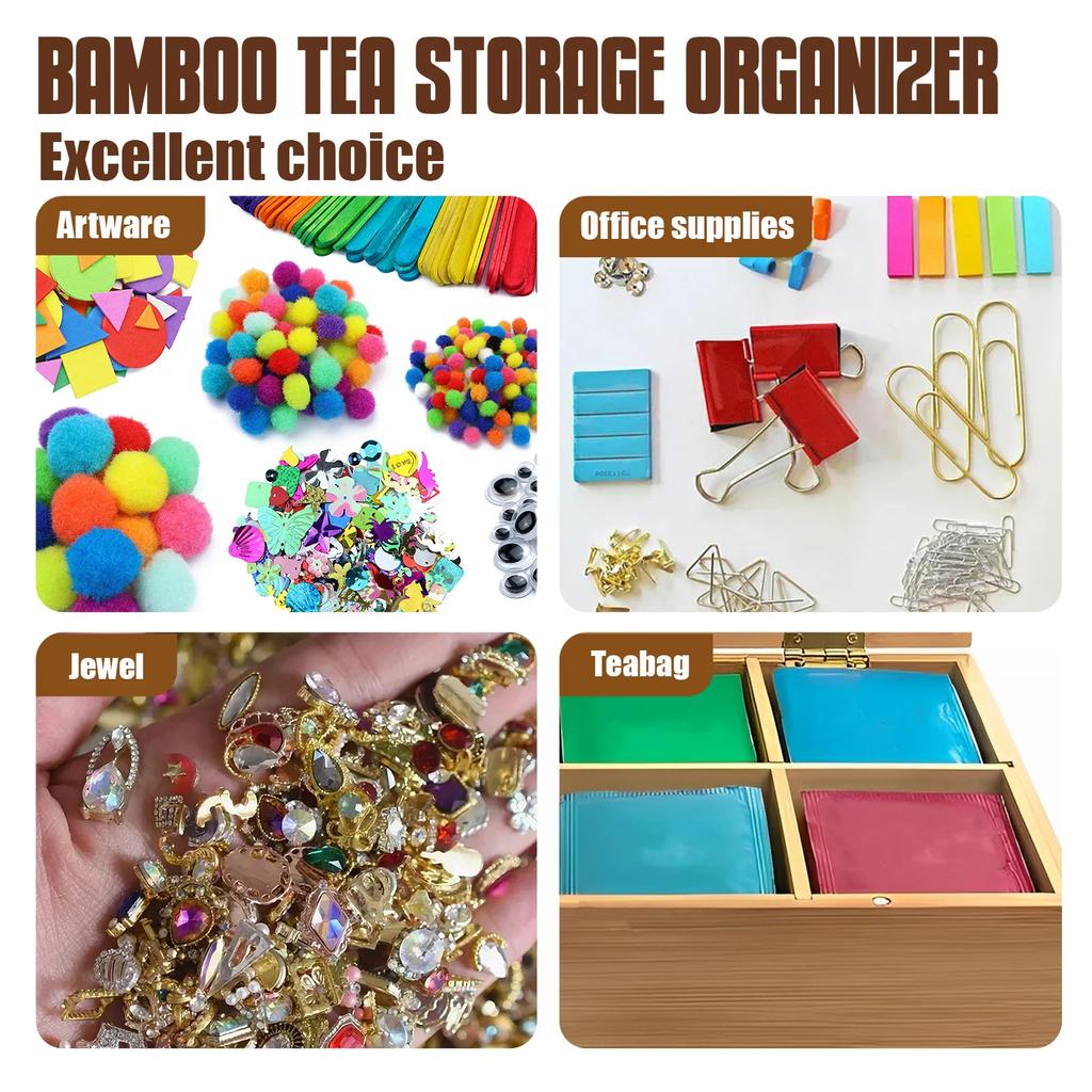 Tea Bag Holder Caddy with Compartments Keeping Tidy Bamboo Storage Organizer for Home Solid Multipurpose Tea Bag Organizer Box
