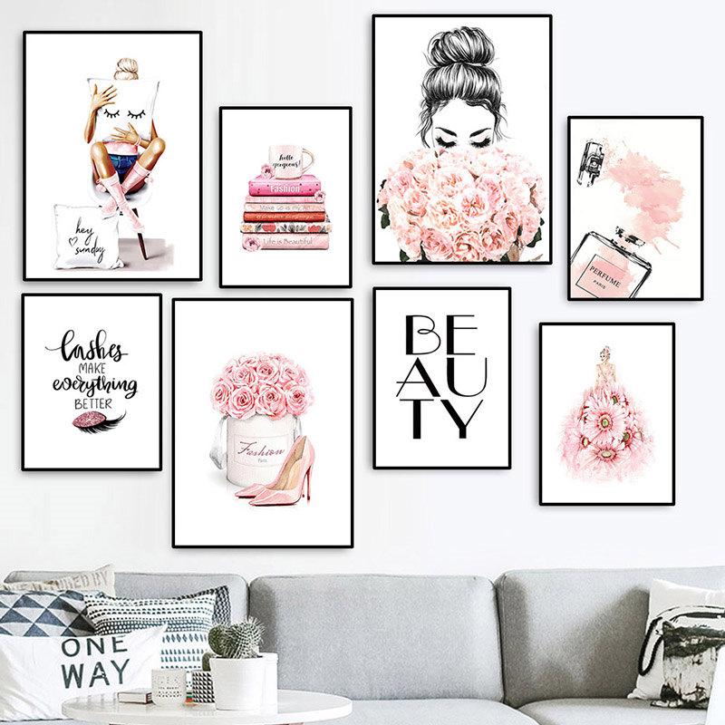 Modern Salong Skönhet Fransar Svarta Läppar Nordisk Väggkonst Dukmålning Kvinnor Affischtryck Enkelhet Parfym Böcker Bild HD3151