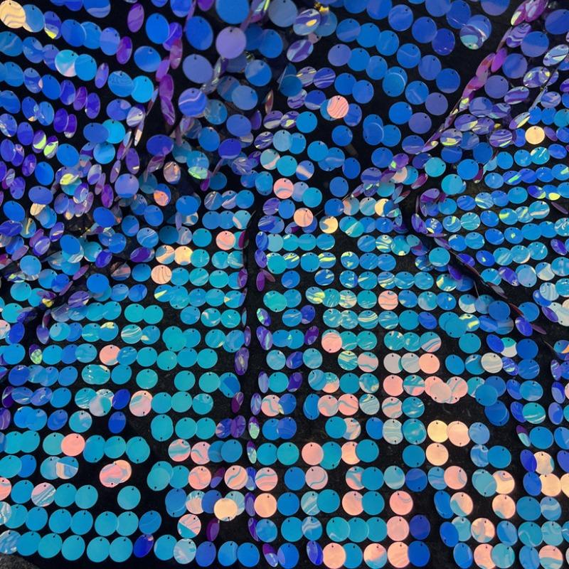 Sequins Straight Embroidery Fashion Dress Fabric 18mm Iridescent Blue Sequin Background Fabric Bead Embroidered Flower Cloth