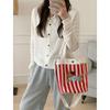 Cartoon Puppy Women's Stripe Bucket Bag Cute Canvas Female Shoulder Crossbody Bags Daily Handheld Bento Bag Girls Purse Handbags