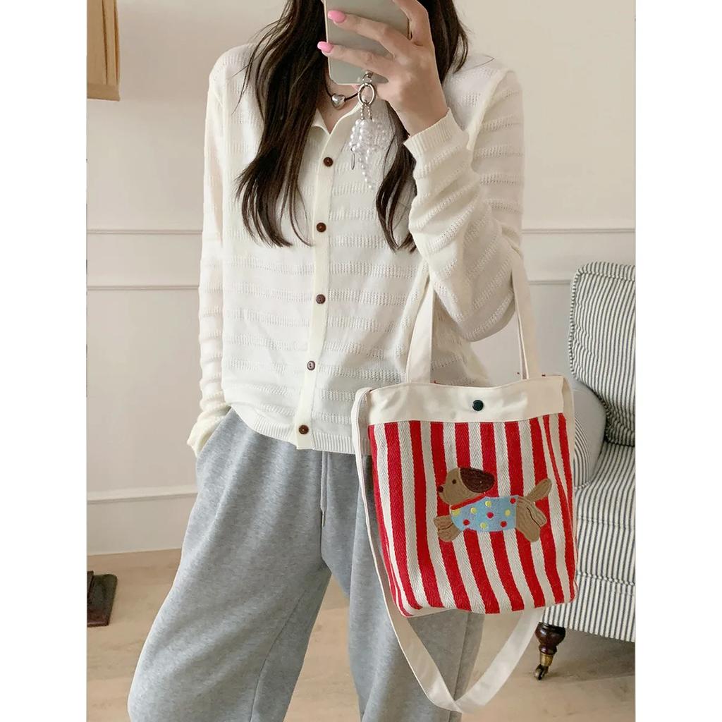 Cartoon Puppy Women's Stripe Bucket Bag Cute Canvas Female Shoulder Crossbody Bags Daily Handheld Bento Bag Girls Purse Handbags