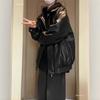 Mens Black PU Leather Jacket Loose Fit Biker Style Hooded Outerwear Casual Streetwear