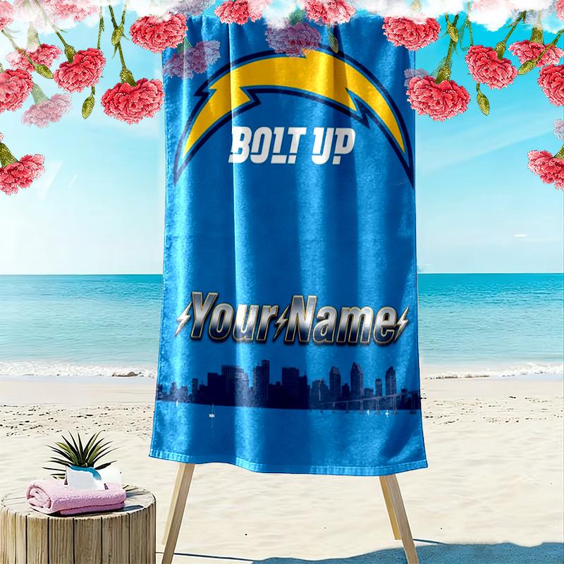 Name Custom LA Chargers Print Beach Towel, Large Soft Quick Dry Towel for Beach Camping Swimming