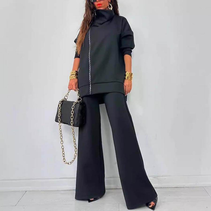 New Women's Fall/Winter Solid Casual Loose Fit Zip-Up Sport Shirt & Wide Leg Pants Set