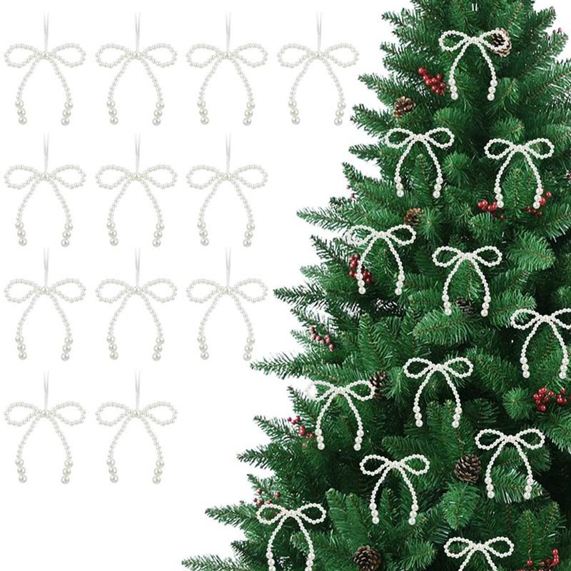 

12PCS Christmas Stringed Pearl Bow Decoration Christmas Tree Pendant Bowknot Decor Xmas Hanging Ornament Pendant Home Decoration 10x12cm білий