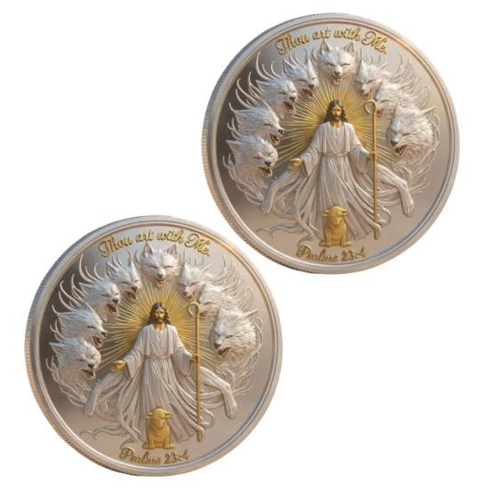 Thou Art with Me Faith Commemorative Coin Jesus The Good Shepherd Protecting Lamb from Wolves Pocket Token Psalm 23:4 Faith Challenge Coin Religious