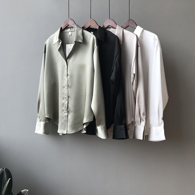 Spring Fashion Button Up Satin Silk Shirt Vintage Blouse Women White Tops Lady Long Sleeves Female Loose Street Shirts