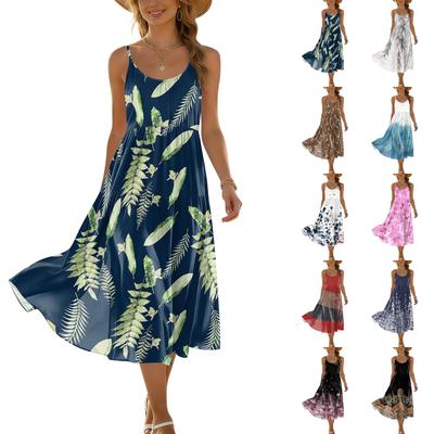 Sommarklänning för damer med blommigt tryck, justerbar axelrem, bohemisk, avslappnad, strandsemester, solklänning med fickor, lös passform, ärmlös klänning