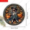 Vintage Sleeping Witch Pumpkin Autumn Leaves Round Wooden Hanging Sign, Halloween Front Door Wall Decor