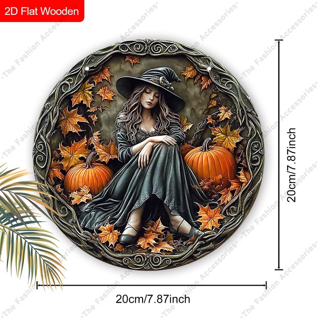 Vintage Sleeping Witch Pumpkin Autumn Leaves Round Wooden Hanging Sign, Halloween Front Door Wall Decor