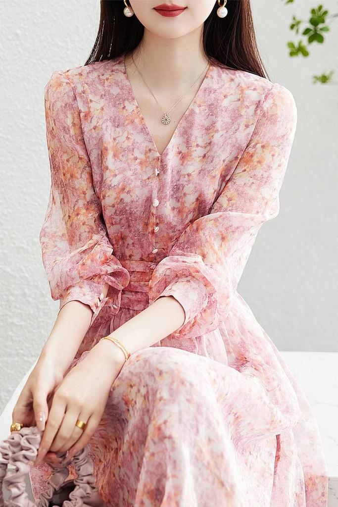 Chiffon Midi Elegant Floral Perfect for and Everyday Wear [JINZUOMA] Women's Dress, Long-Sleeved Dress, V-Neck, Spring/Summer, Fashion, Print, Dates,
