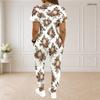 Women Plus Size Printed Round Neck Short Sleeve Top Drawstring Pocket Cuffed Pants Two Piece Set