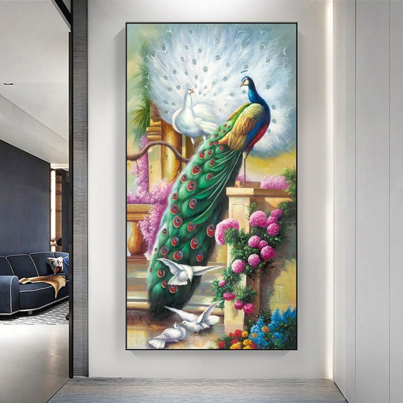 New Chinese Style Light Luxury Peacock Phoenix Canvas Painting Wall Art Abstract Golden Animal Posters for Porch Room Wall Decor