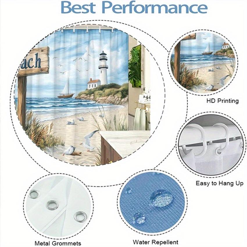 1Pc Coastal Beach Scene Shower Curtain - Polyester, Ocean View With Lighthouse, Seagulls & Sandy Beach Design, Includes 12 Hooks