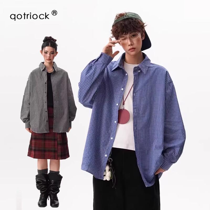 QOTRIOCK American Retro Plaid Long Sleeve Shirt XL
