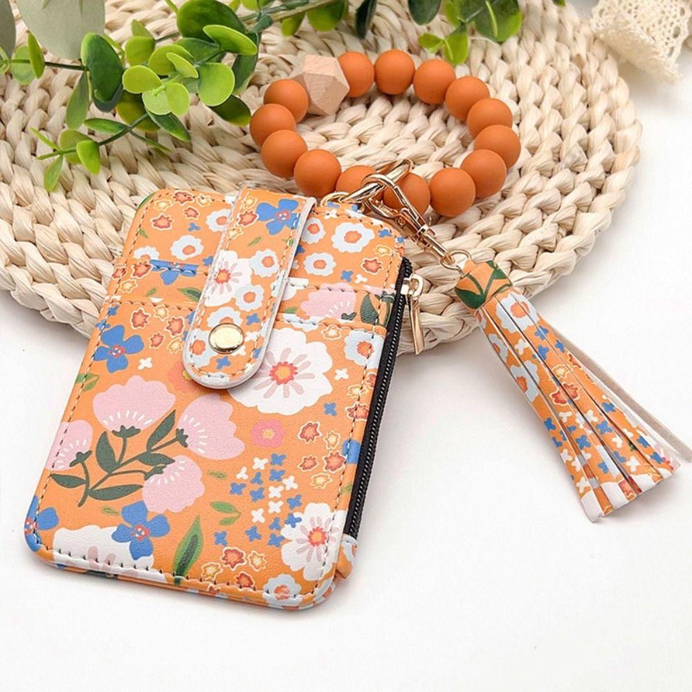PU Leather Boho Beaded Wallet Keychain Multifunctional Floral Pattern Decorated Wristlet Keychain Wallet Portable
