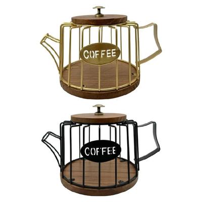 Multi Functional Iron Coffee Pod Organizer Wooden Base And Lid Wire Cup Container For Kitchen Countertop Display