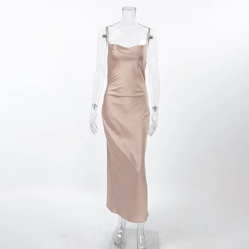 

Fashion Satin Swing Collar Sexy Sling Fishtail Dress Sexy Backless Suspender Dress Khaki L