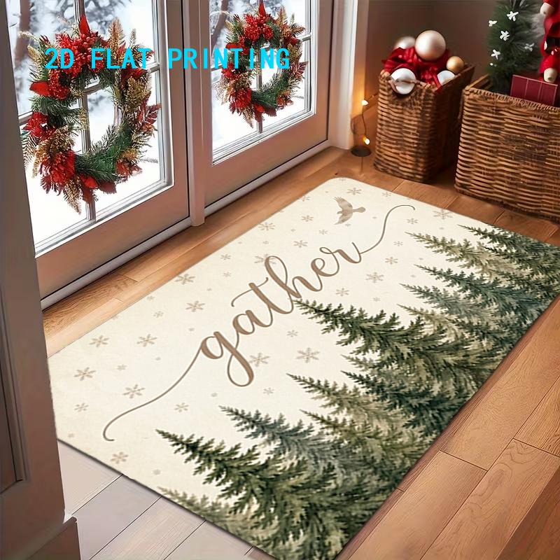 1pc, 2D Flat Printing, Christmas Style Gather Theme Fir Tree Printed Entrance Mat, Colorful And Non-Slip, Machine Washable Carpet, Suitable for Home D