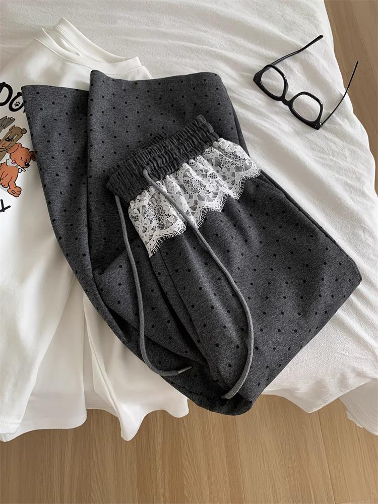 

Ретро Брюки в горошек с кружевной вставкой, с высокой талией и широкими штанинами - Весна/Осень 2025 XL