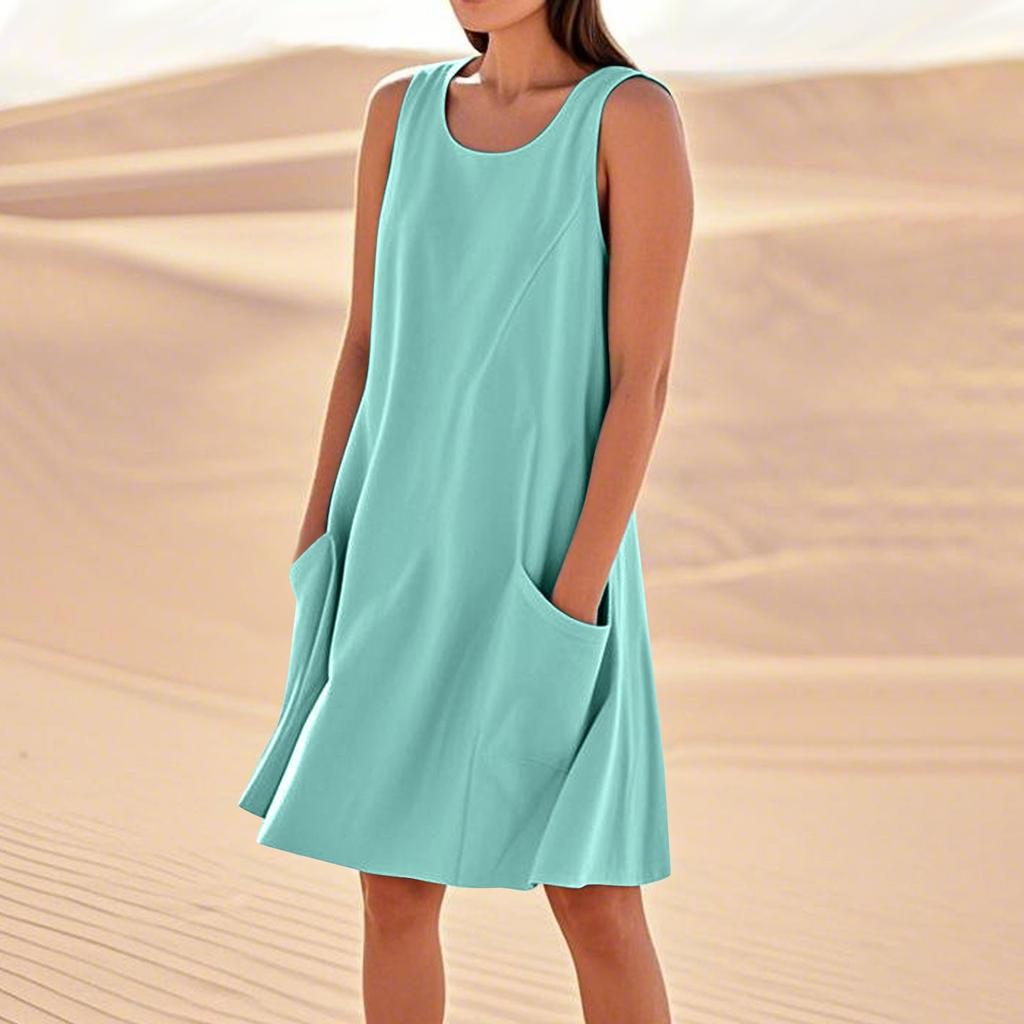 Sommerkleider für Damen, lockerer Strandurlaub, lässig, ärmellos, Sommerkleider mit Taschen, Tankkleid