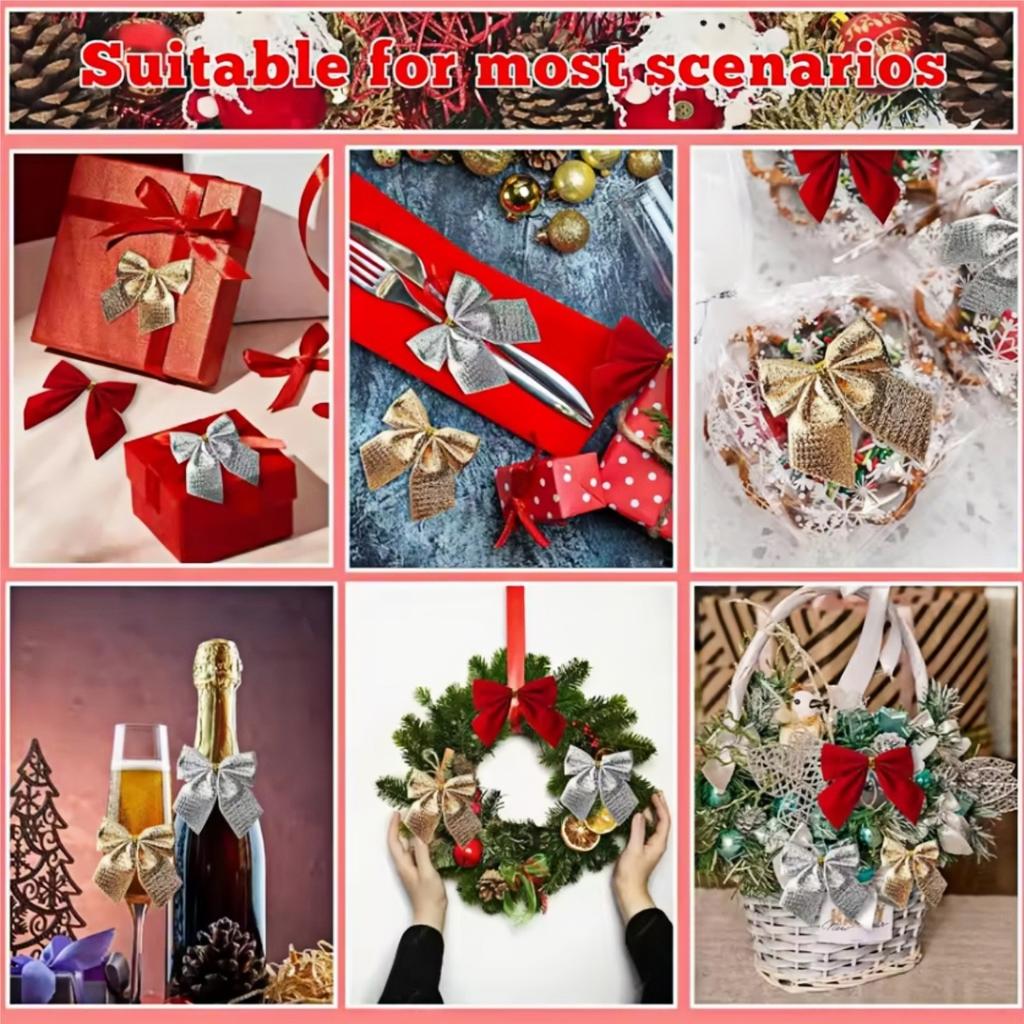 12-120PCS Christmas Bow Red Velvet Bow Xmas Tree Pendant Xmas Tree Pendant Wedding New Year Party Decor DIY Gift Box Wrapping