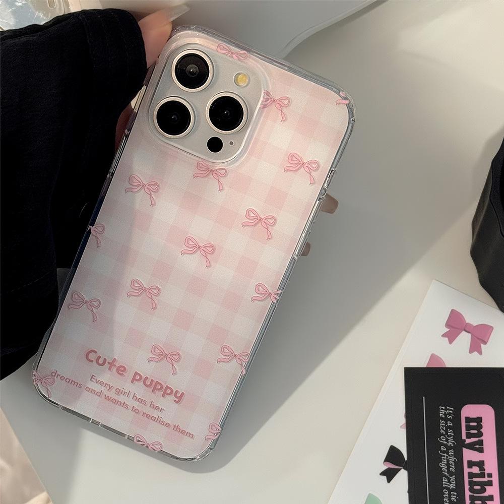 Double Layer Pink Plaid Mobile Phone Case Suitable for 14 Apple 15 Promax Bow Iphone13 Niche 11 Soft 16