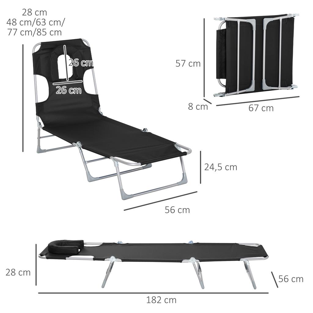 Reclining and Folding Garden Lounger with Reading Hole, Headrest and Backrest Adjustable In 5 Levels for Beach 182x56x28 Cm Black