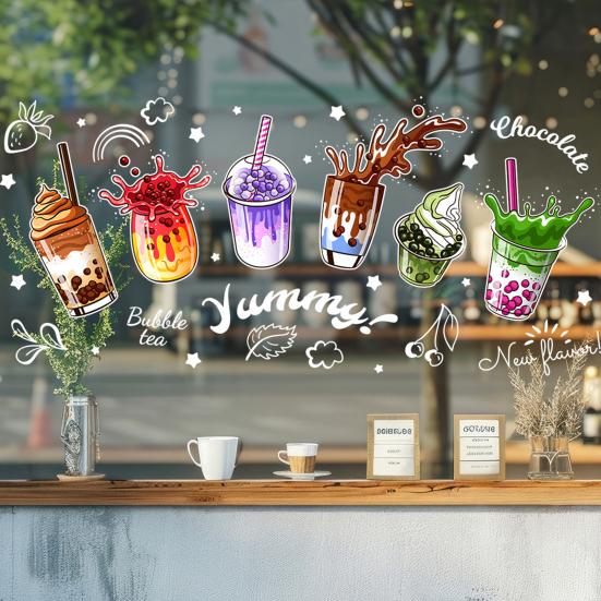 Bubble Milk Tea Window Cling Cafe Milk Tea Static Stickers Removable PVC Boba Tea House Decals for Milk Tea Shops Coffee Shops Bakeries