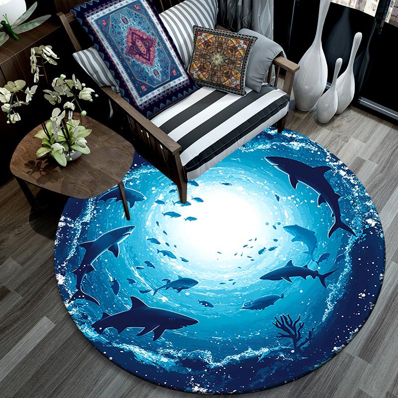 Sharks Round Area Rug,Carpet Rug for Living Room Bedroom Sofa Playroom Decor,Non-slip Floor Mat