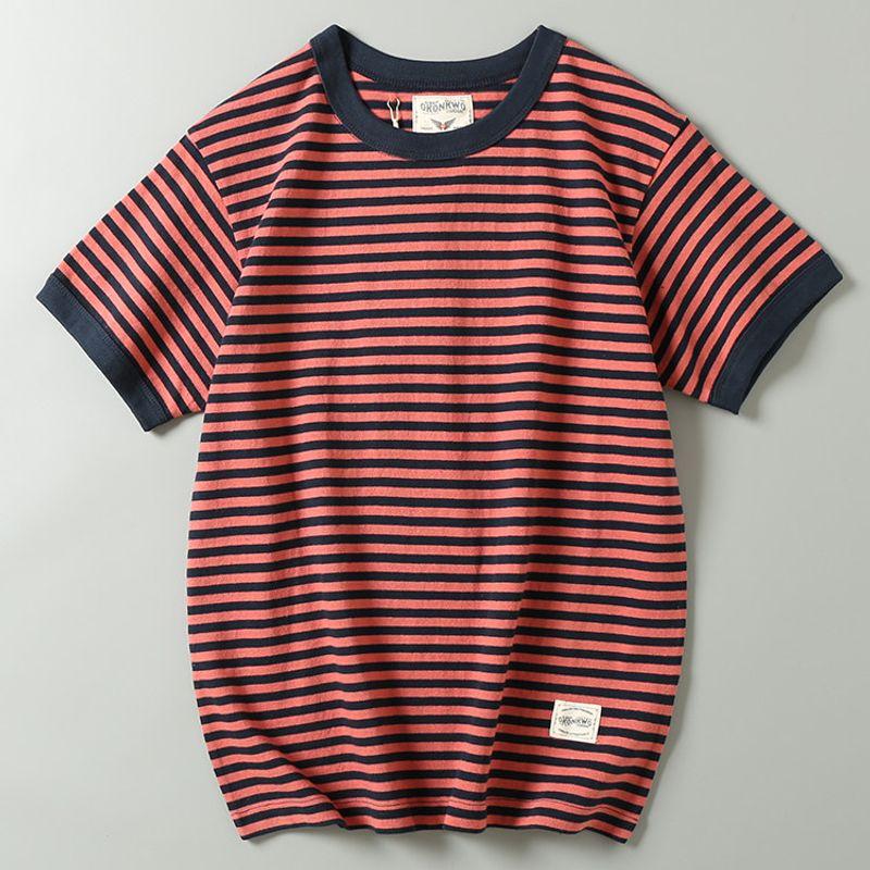 Foreign Trade Export Tail Goods Retro round Neck Short Sleeves T-shirt Red and Black Stripes XL