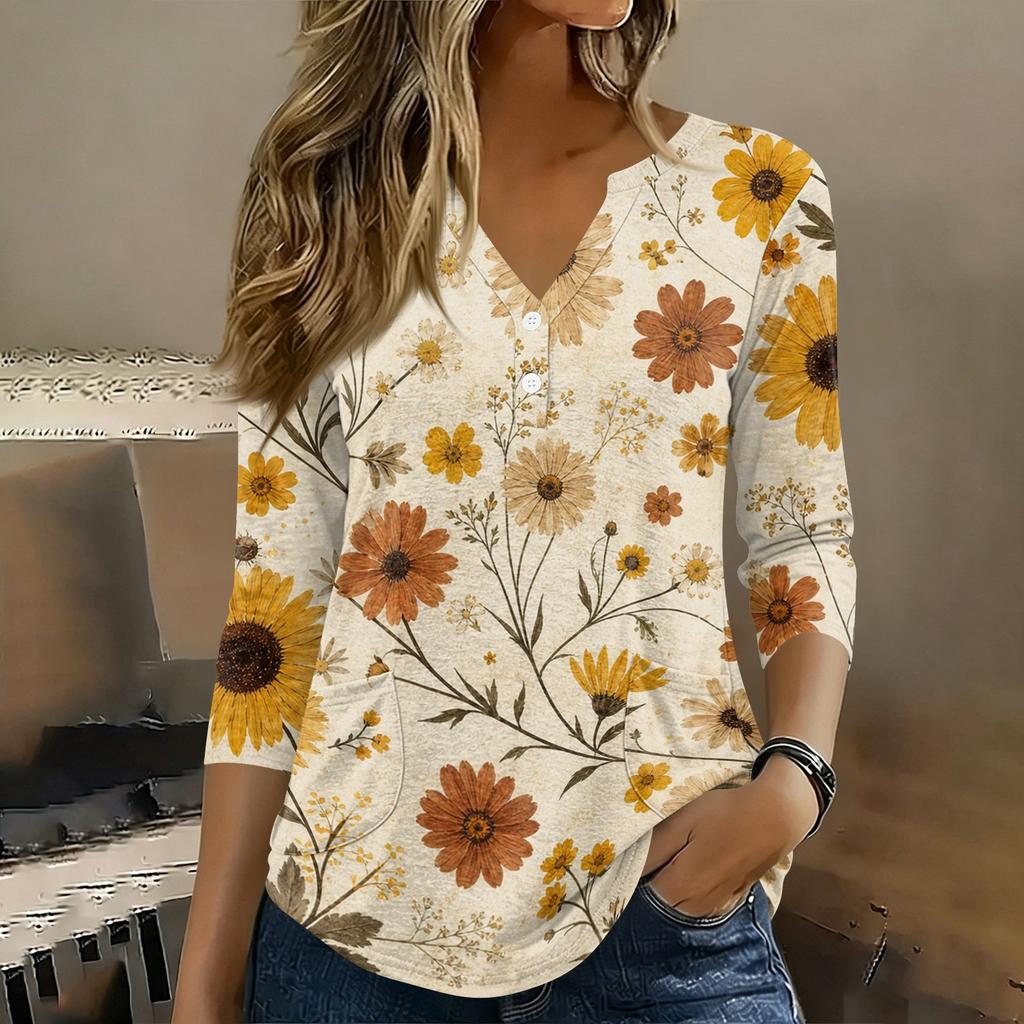 Women 3/4 Sleeve V Neck Henley Floral Print Pullover Casual T Shirt Top Lightweight Soft Fabric Comfortable Fit