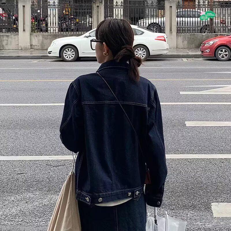 Plus Size Women's Denim Jacket - Korean Style Retro with Contrast Stitching, Loose Fit for Spring & Autumn
