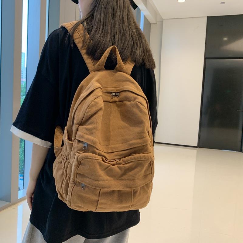 Autumn and Winter New Large-capacity Solid Color Canvas Casual Double-strap Backpack Trendy Street Style for Men, Women Students