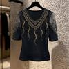 Summer Elegant Lace Hot Diamonds V-neck Mid Sleeve Top for Women Soft Mesh High Elasticity Stylish T-shirt New Luxury Tees Blouse