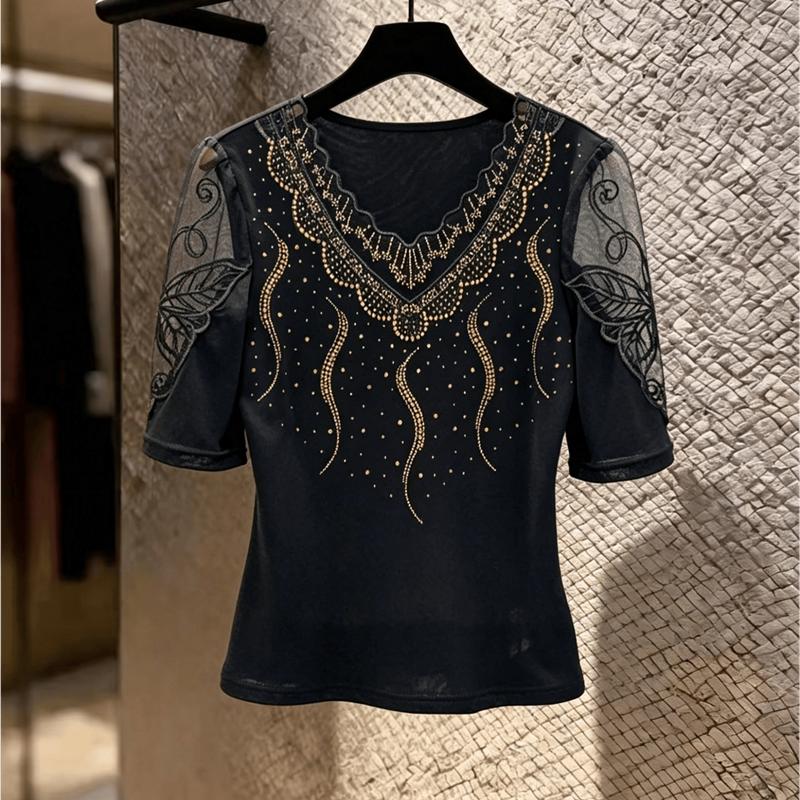 Summer Elegant Lace Hot Diamonds V-neck Mid Sleeve Top for Women Soft Mesh High Elasticity Stylish T-shirt New Luxury Tees Blouse
