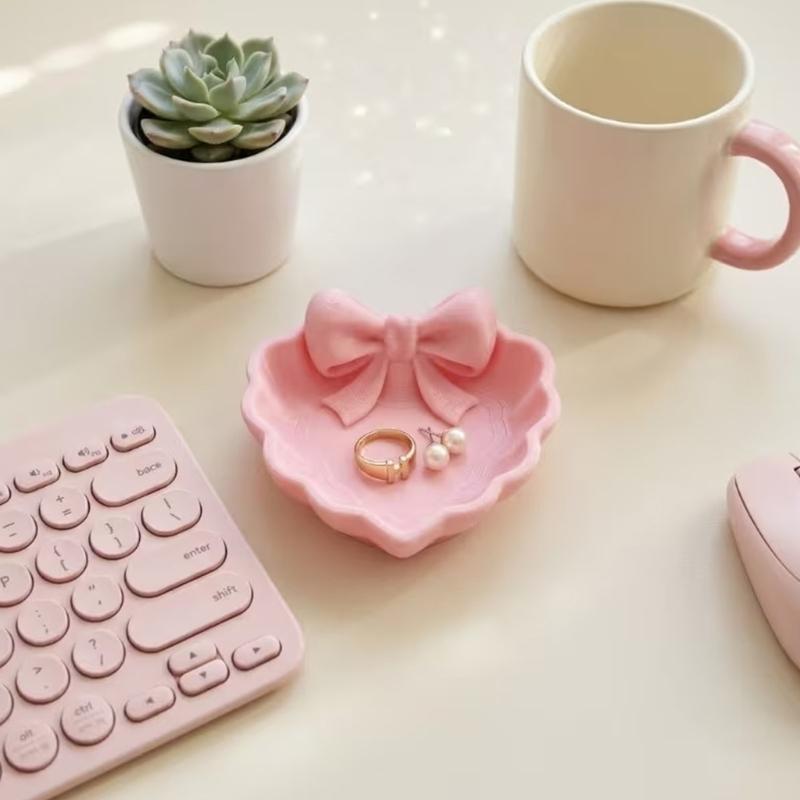 Elegant Heart Shape Jewelry Tray With Pink Bowknot Decoration For Earrings Rings And Necklaces Organizers