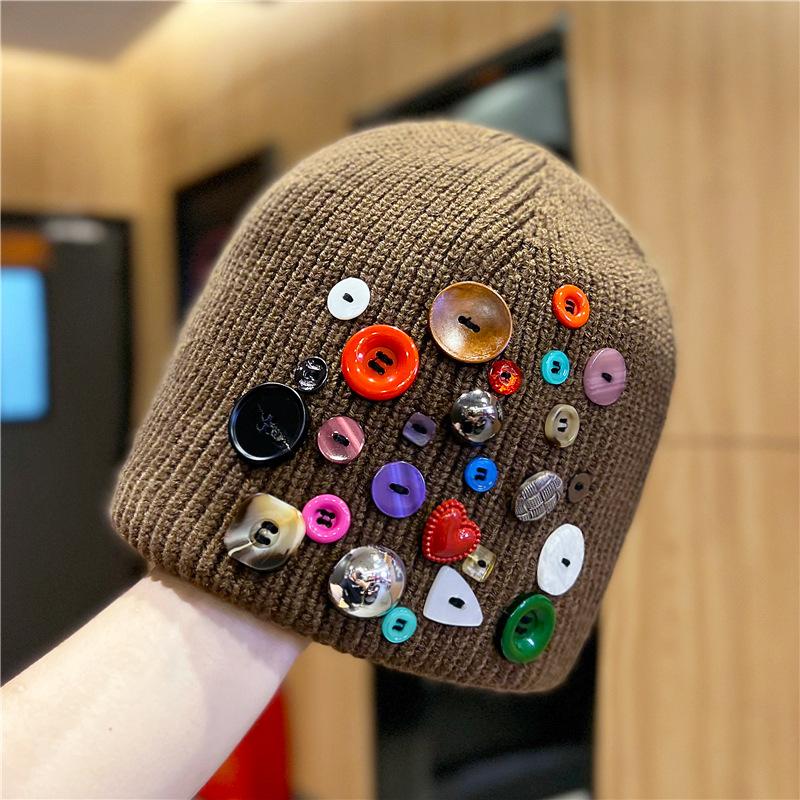 Korean Style Button Knit Beanie For Women Autumn Winter