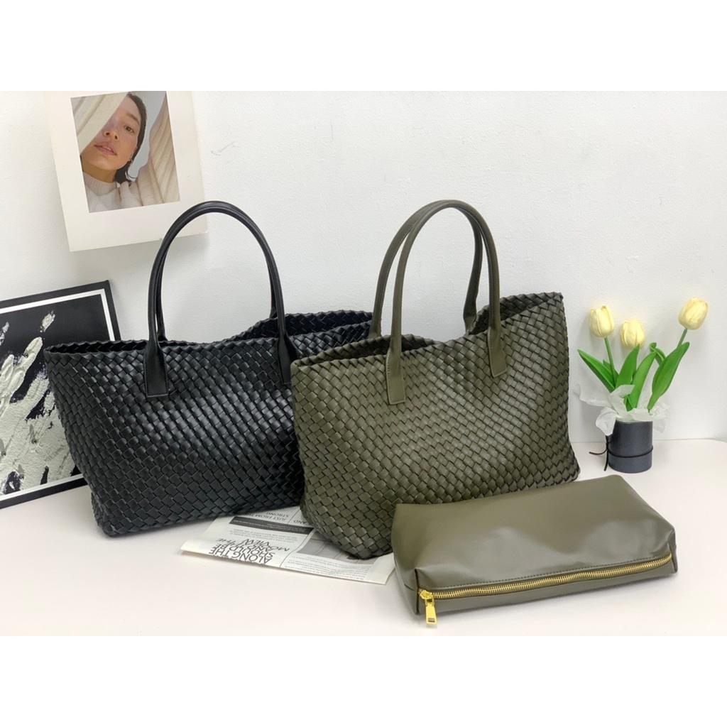 New Double-sided Woven Tote Bag Women's Genuine Leather Shoulder Handbag Large-capacity Shopping Bag Vegetable Basket Commuter Versatile