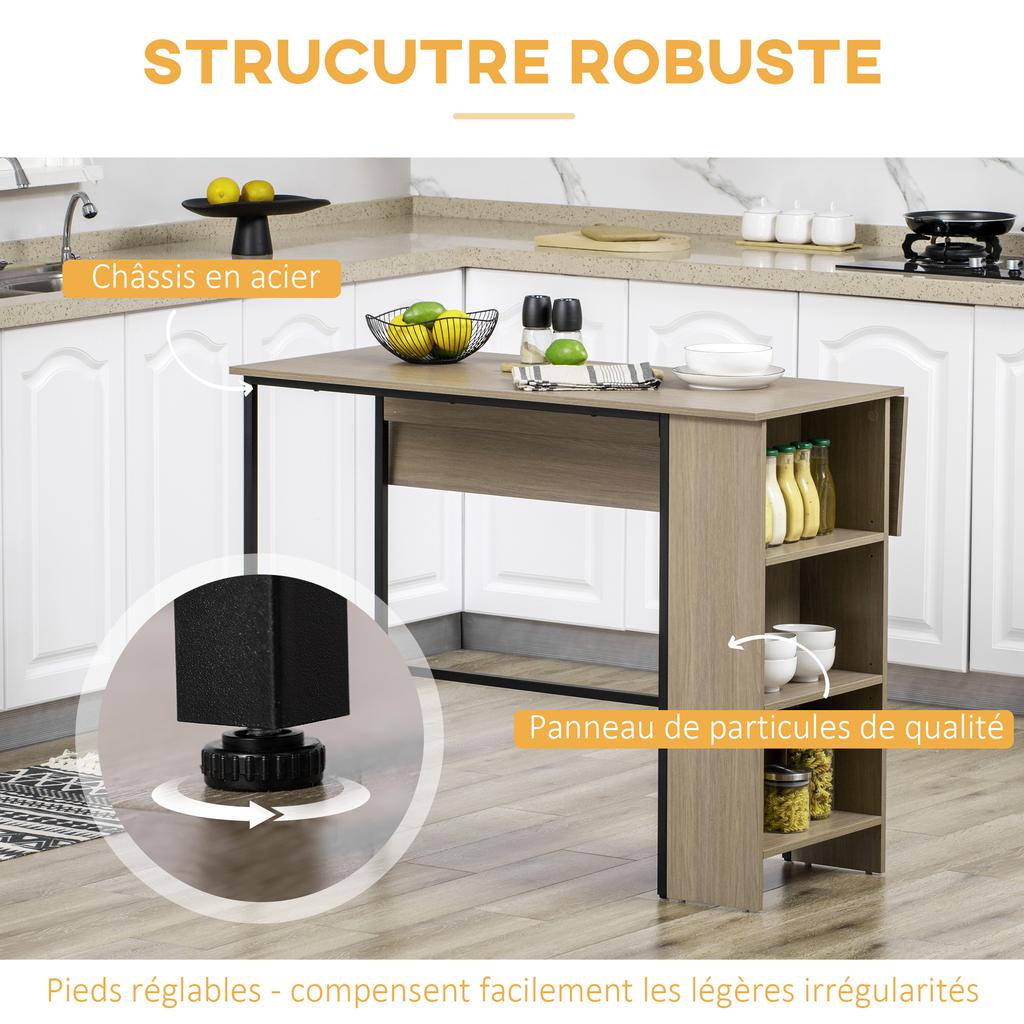 Central Island Bar Table with Fold-Down Side Top and 3 Shelves 120 x 76 x 91.4 cm Light Grey