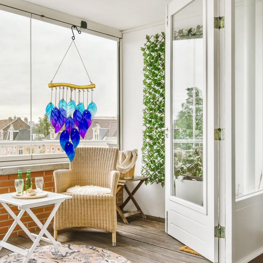 Glass Sheets Wind Chime Blue Glass Fish Wind Chime for Outdoor Garden Patio Decor Weather-proof Stained Glass Leaf Hanging Bell